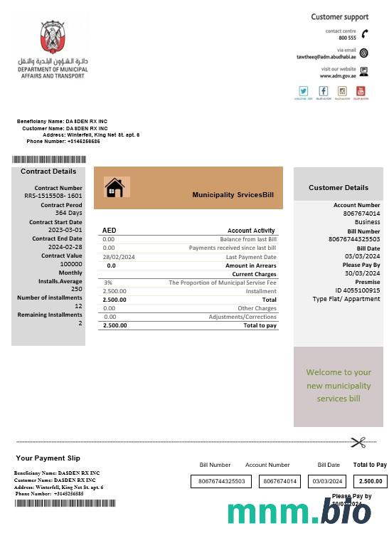Zjednoczone Emiraty Arabskie Abu Dhabi Municipality Service rachunek za usługi komunalne szablon w formacie Word i PDF